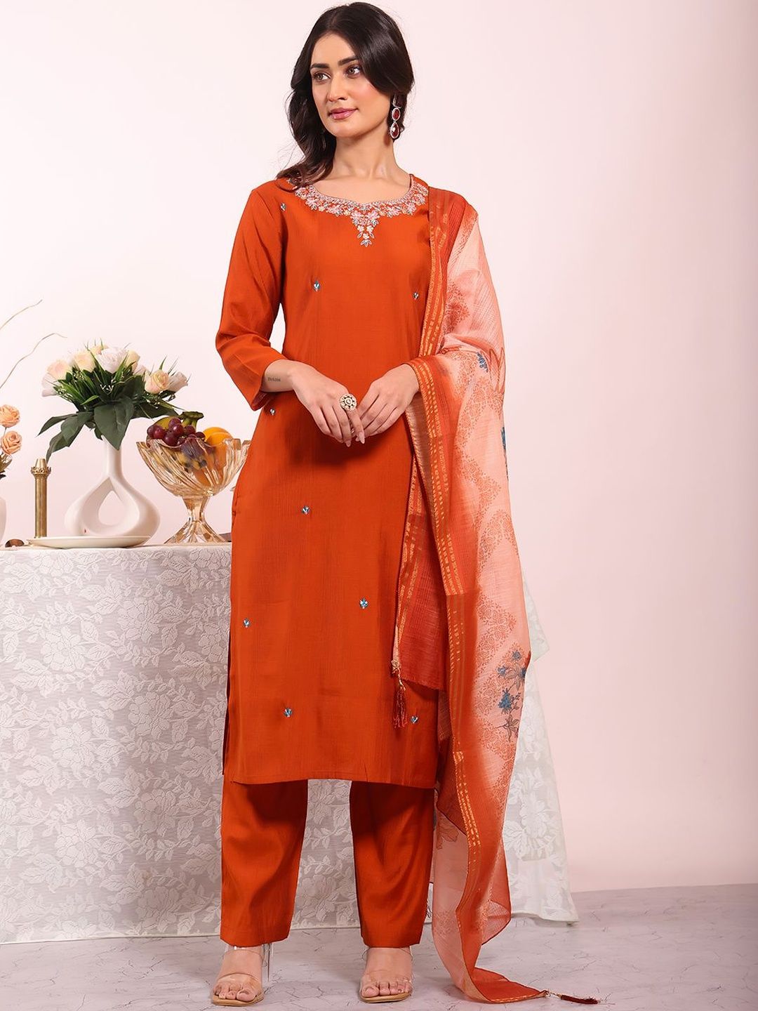 KALINI Women Floral Embroidered Regular Thread Work Kurta with Trousers & With Dupatta-image-46