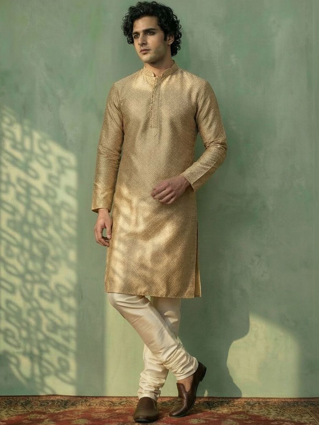 KISAH Men Beige Mandarin Collar Textured Kurta-picture-16