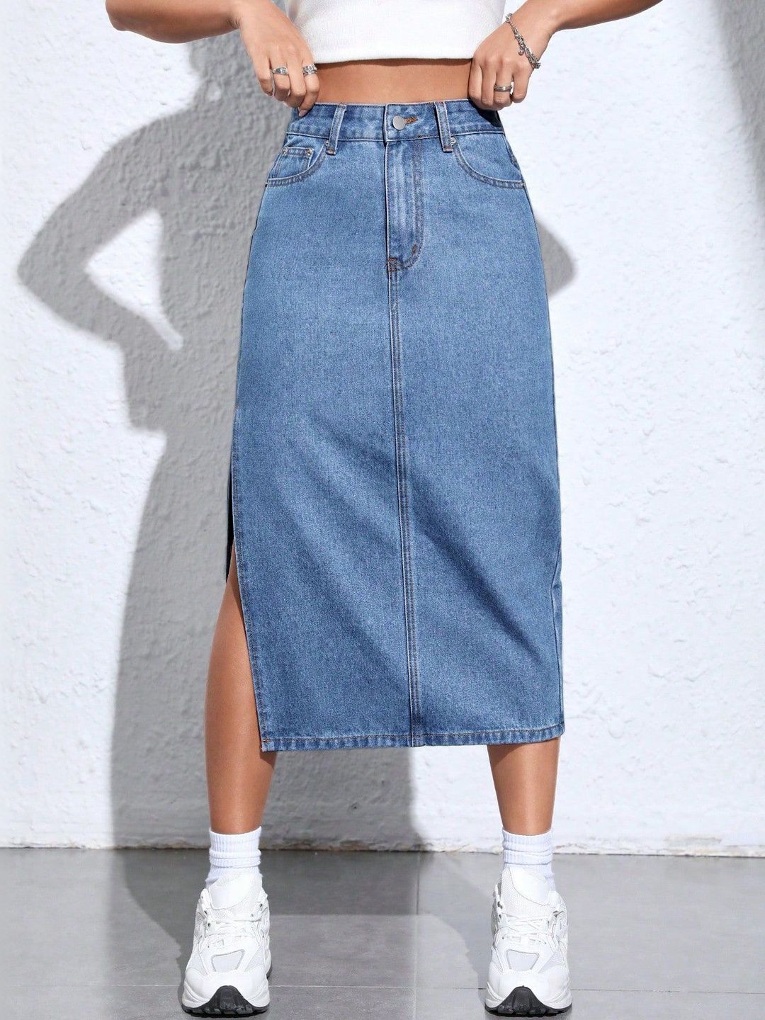 MULVARI Women Denim Side Slit Midi Straight Skirt-picture-16
