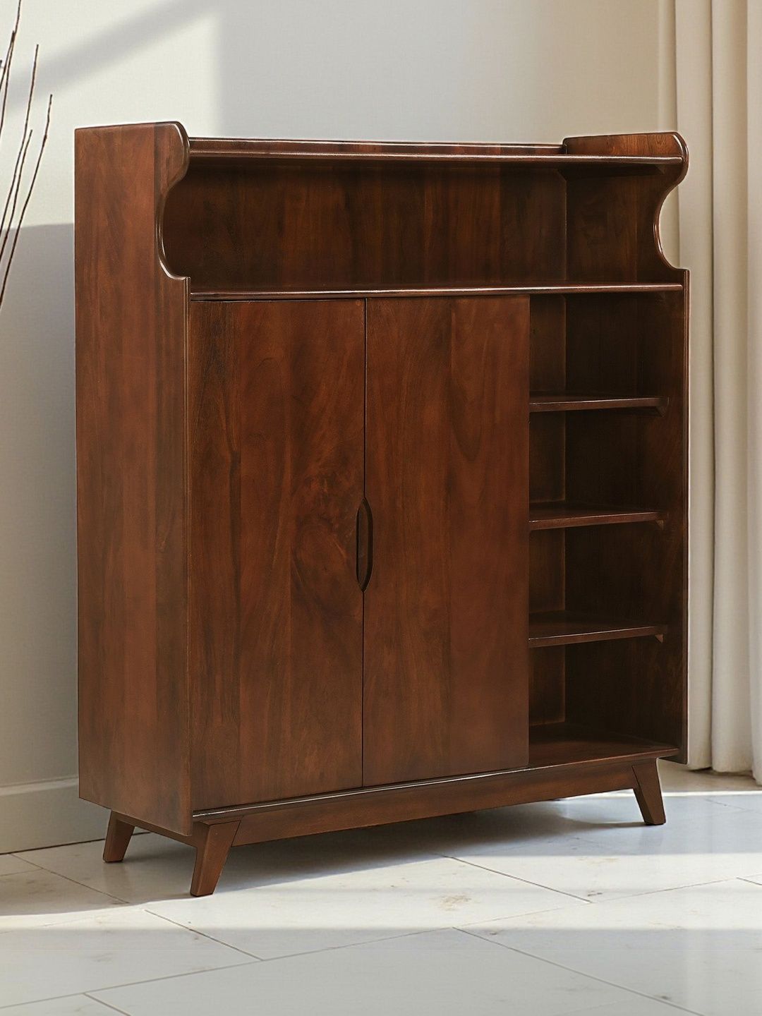 THE ATTIC Brown Textured Wooden Hinged Door Shoe Rack