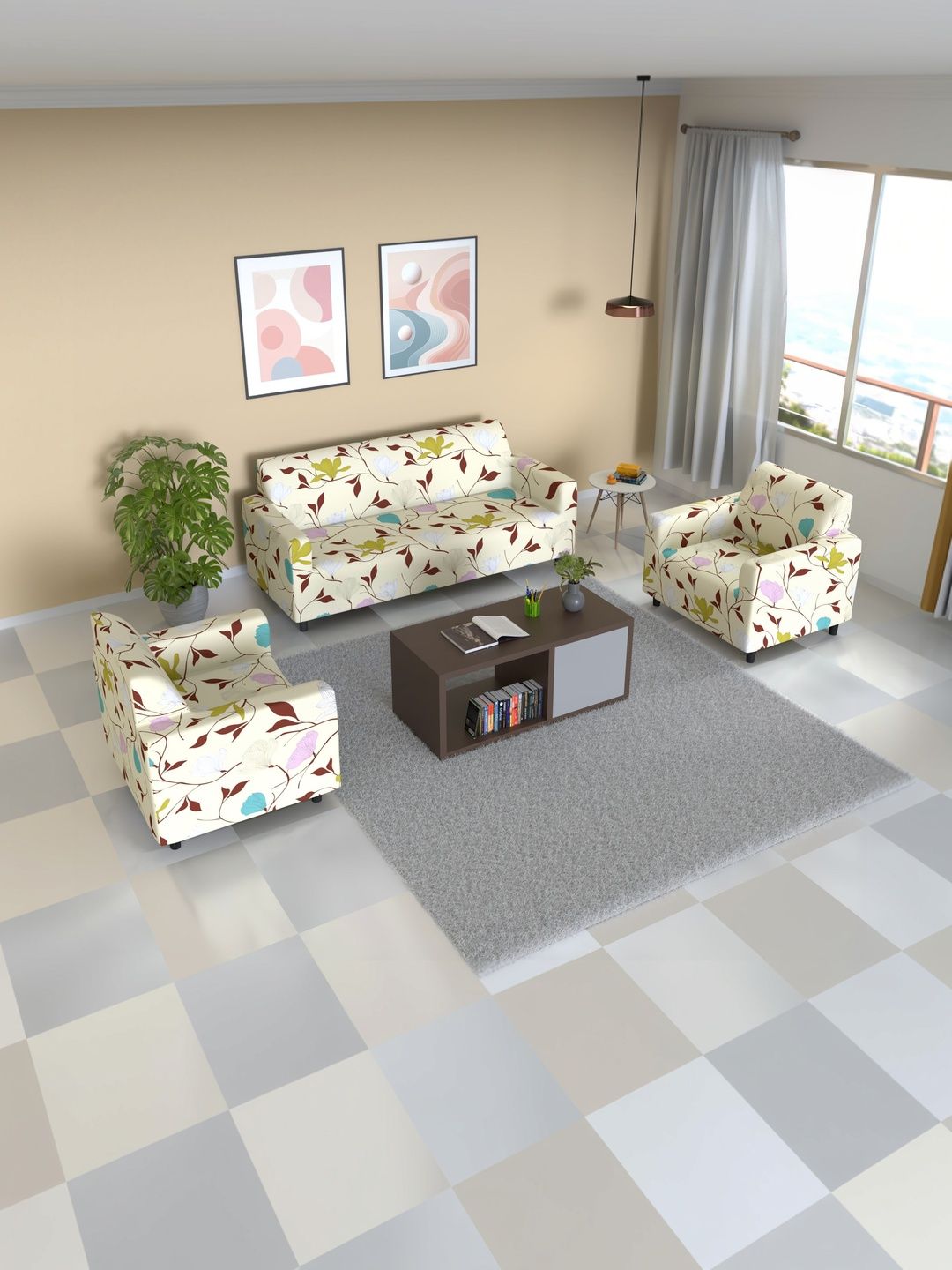 Furshine Multicoloured & Cream-Coloured Printed Polyester Blend 3 Piece Sofa Cover With Arms-picture-12