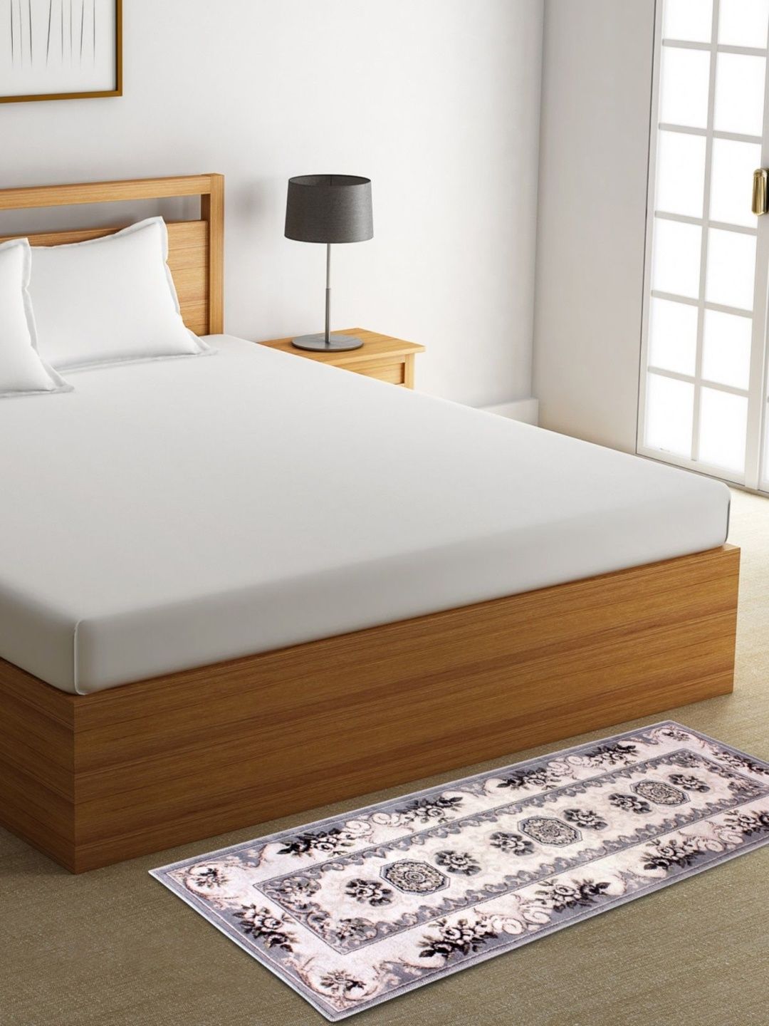 Aura Grey & Beige Floral Printed Bed Runner