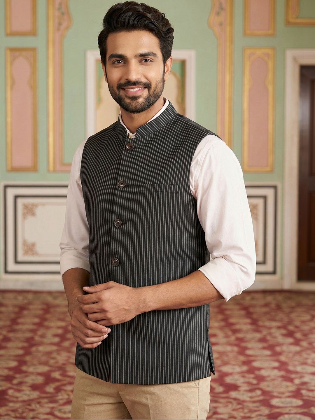 Jompers Pure Cotton Striped Nehru Jackets-image-1