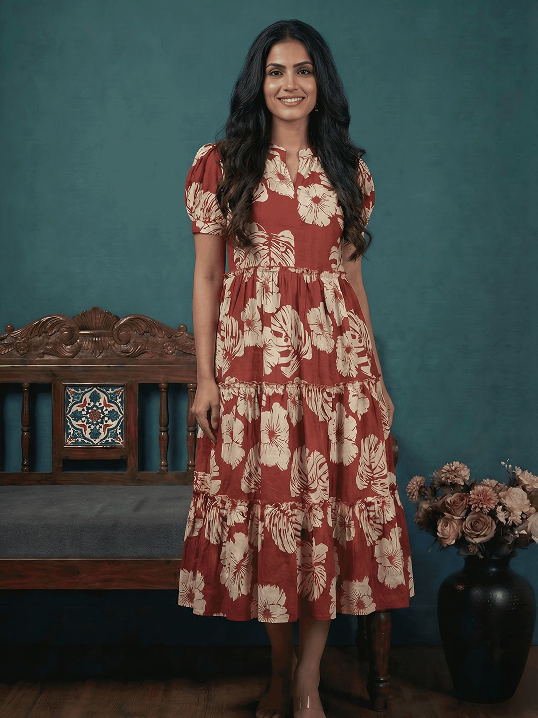 JALMALA Floral Printed V-Neck Tiered Kurti-picture-25