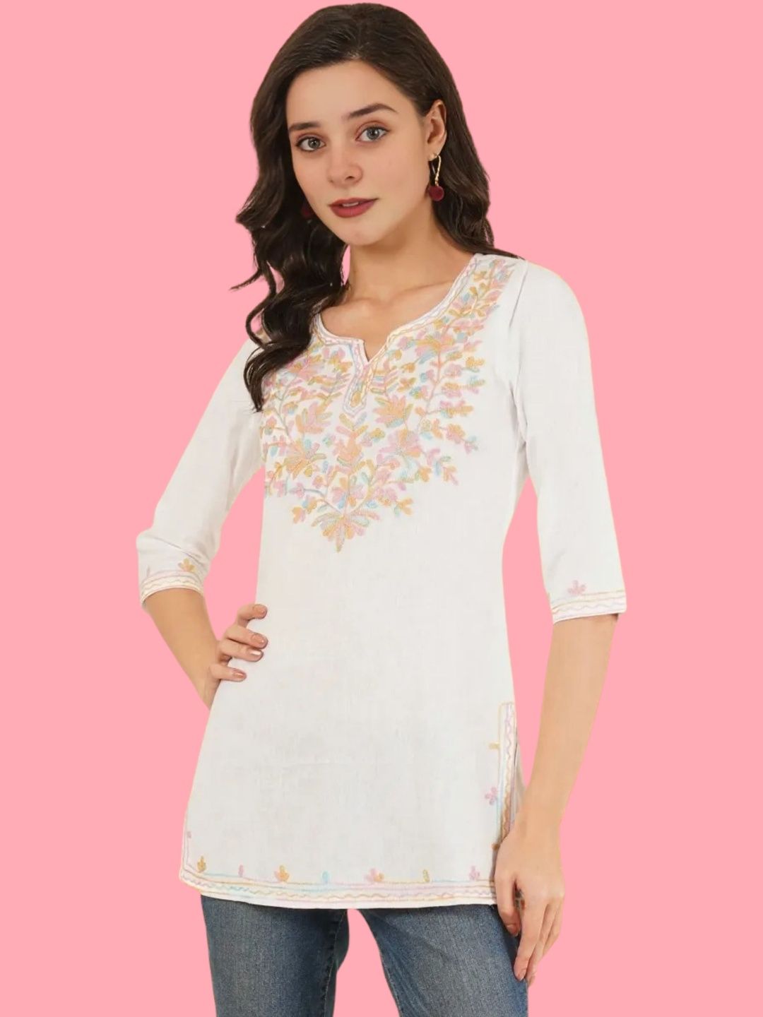 Embroidered Ethnic Cotton V-neck Top-image-44