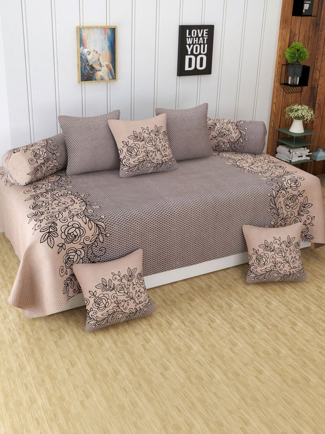 Myntra Elegant Homes Grey & Beige Printed Cotton Diwan Set-picture-27