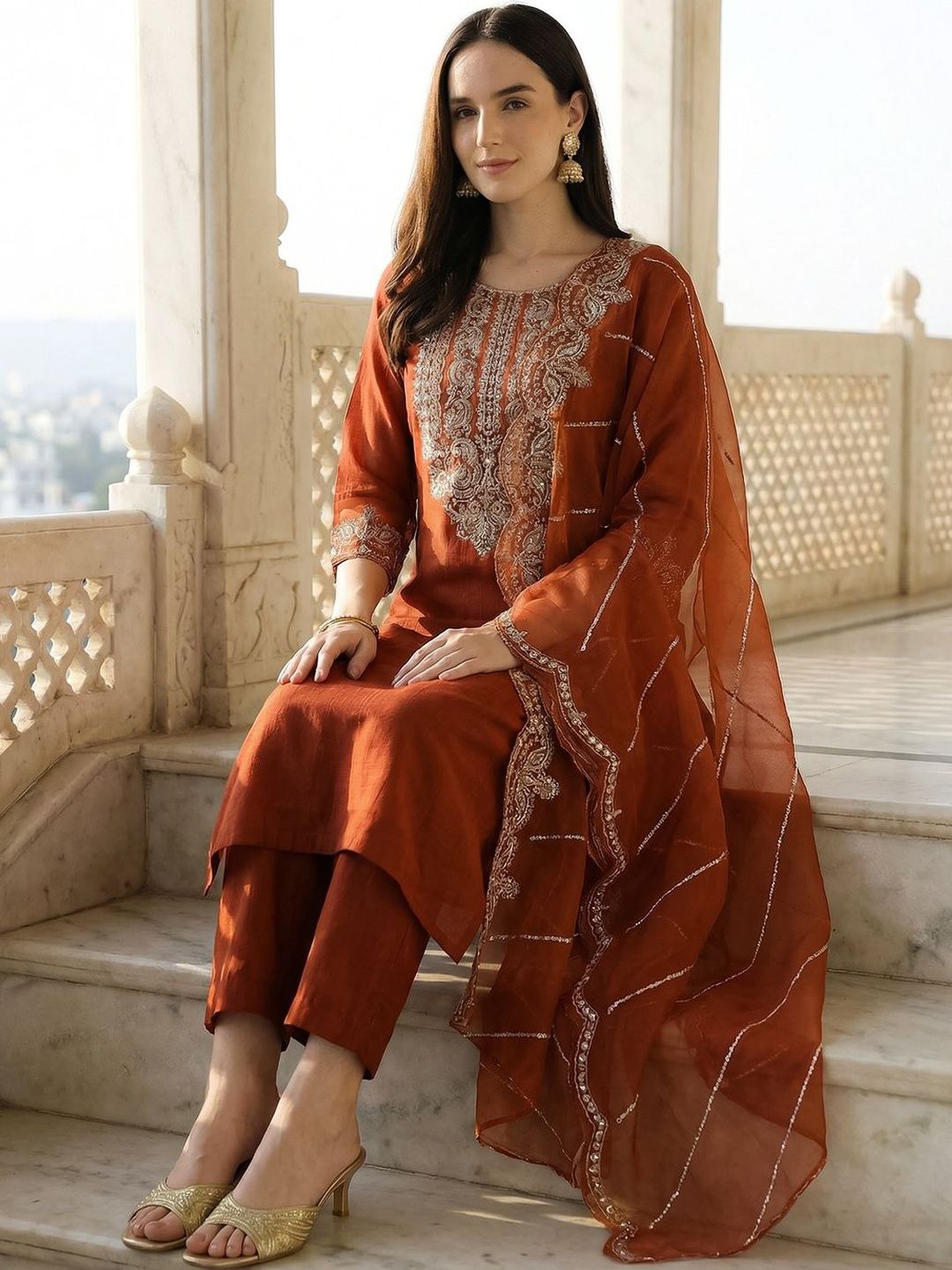 Indo Era Women Ethnic Motifs Embroidered Regular Thread Work Liva Kurta with Trousers & With Dupatta-picture-40