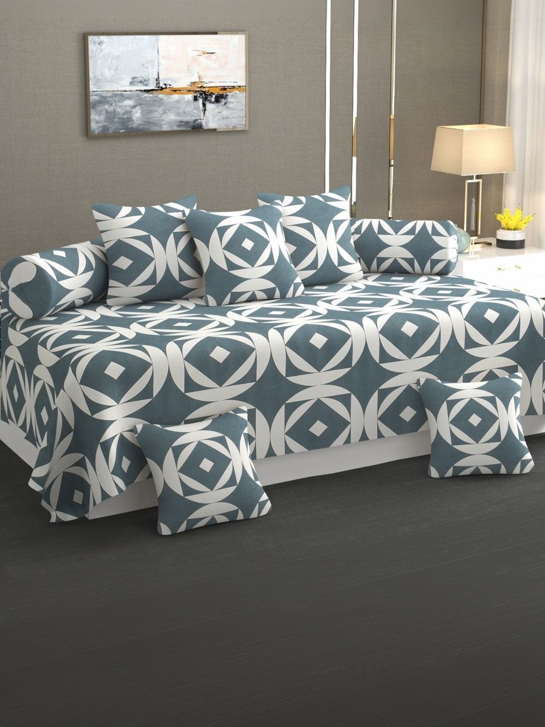 Myntra Elegant Homes Set Of 8 Grey & White Printed Cotton Diwan Set-picture-23