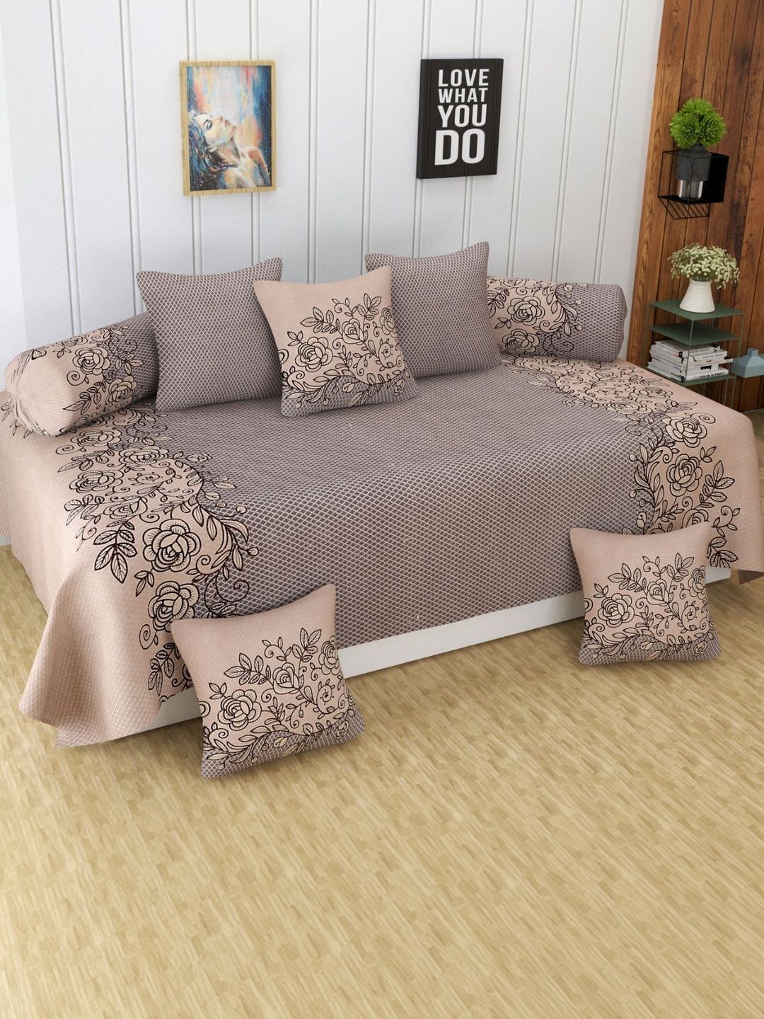 Aura Set Of 8 Grey & Beige Printed Cotton Diwan Set-image-13