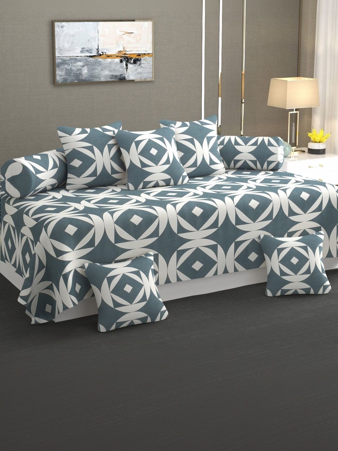 Aura Set Of 8 Grey & White Printed Cotton Diwan Set-picture-49