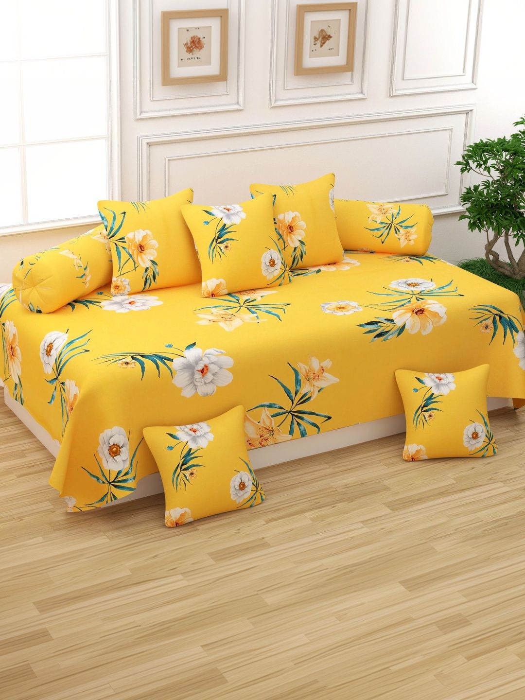 Myntra Elegant Homes Green & Yellow Printed Cotton Diwan Set-picture-38