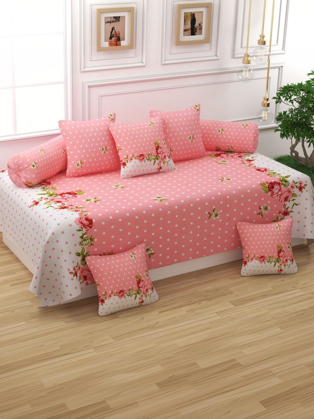 Myntra Elegant Homes Pink & White Printed Cotton Diwan Set-picture-23