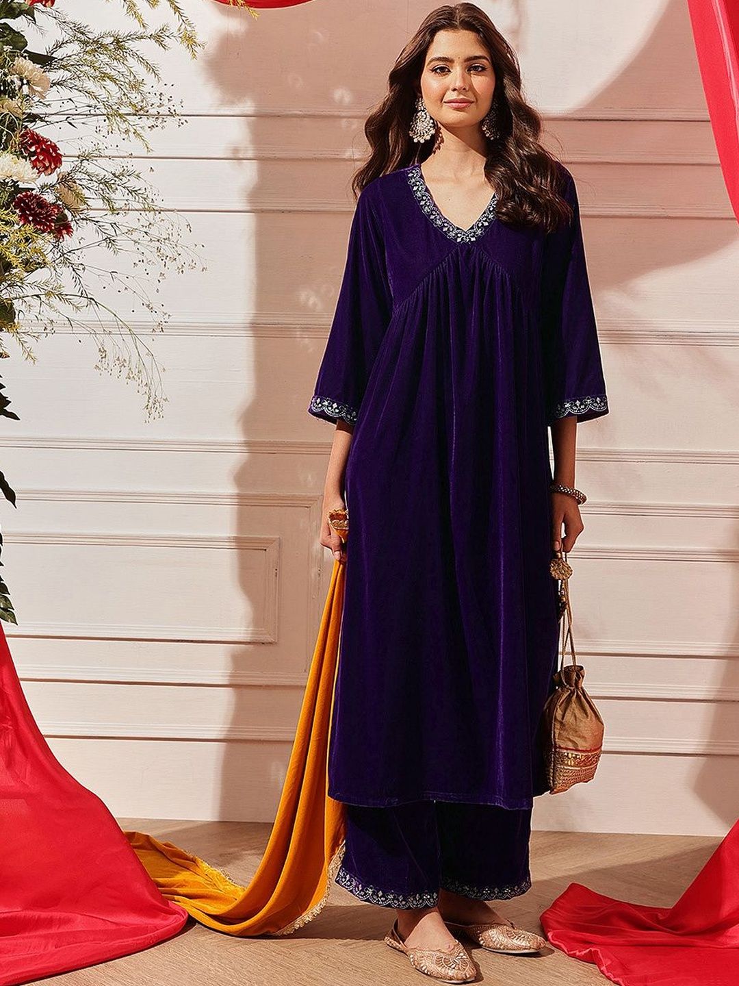 indo street Women Thread Work Velvet Kurta with Palazzos-picture-49
