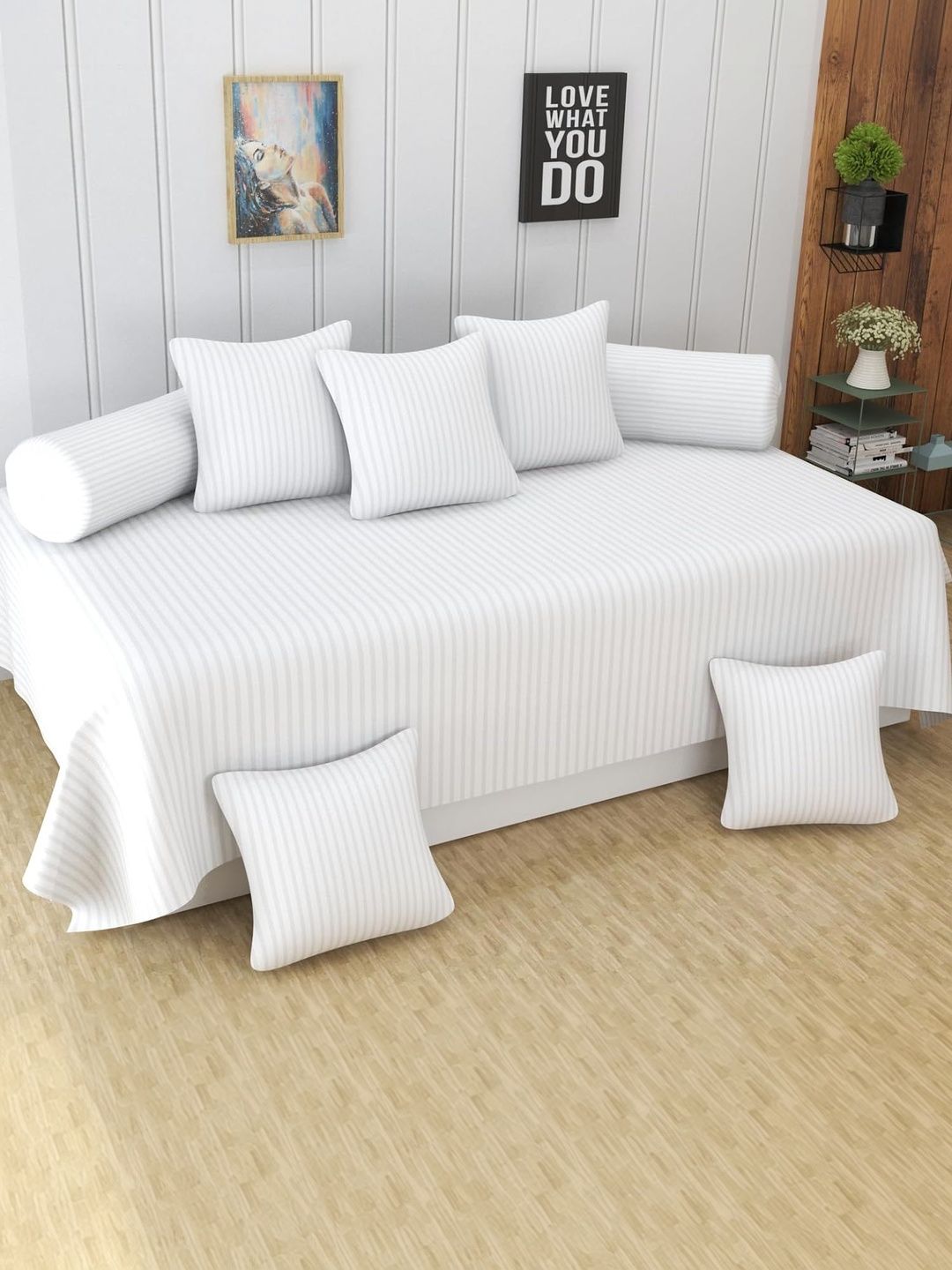 Aura Set Of 8 White Striped Cotton Diwan Set-picture-38