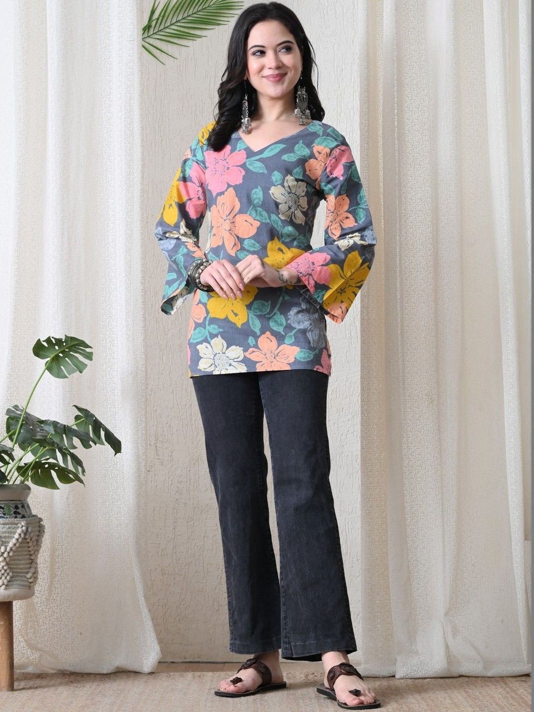 BKApparels Floral Printed V-Neck Flared Sleeves Pure Cotton Blend Kurti-image-3