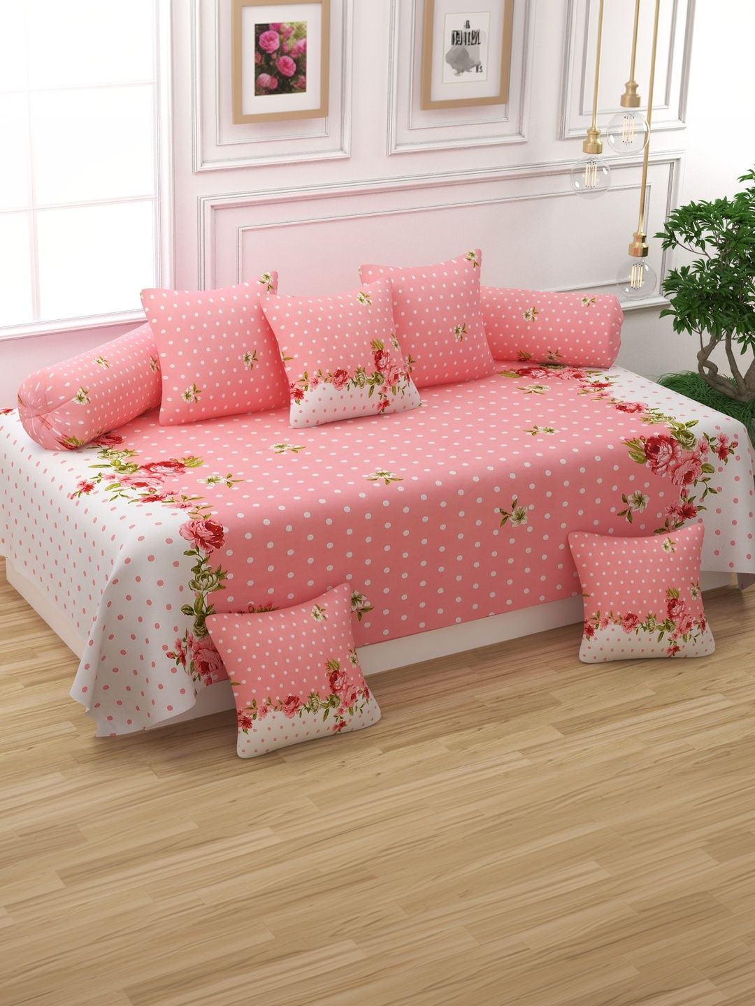 Aura Set Of 8 Pink & White Printed Cotton Diwan Set-picture-53