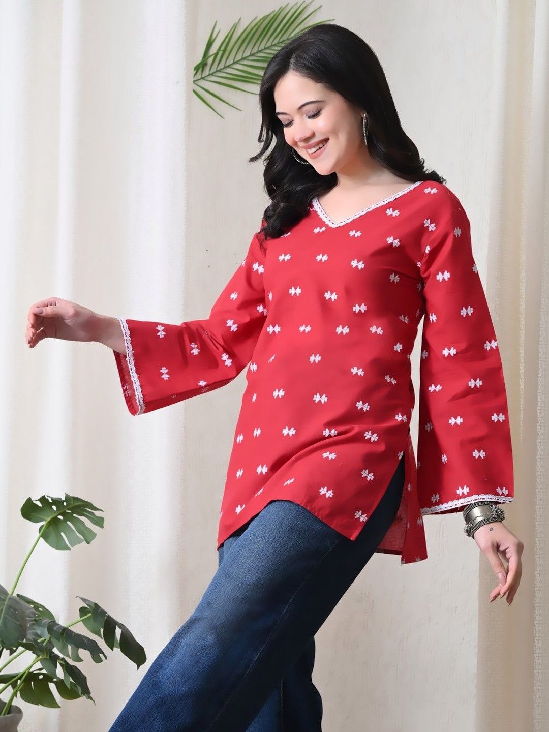 BKApparels Ethnic Motifs Printed V-Neck Flared Sleeves Pure Cotton Kurti-image-28
