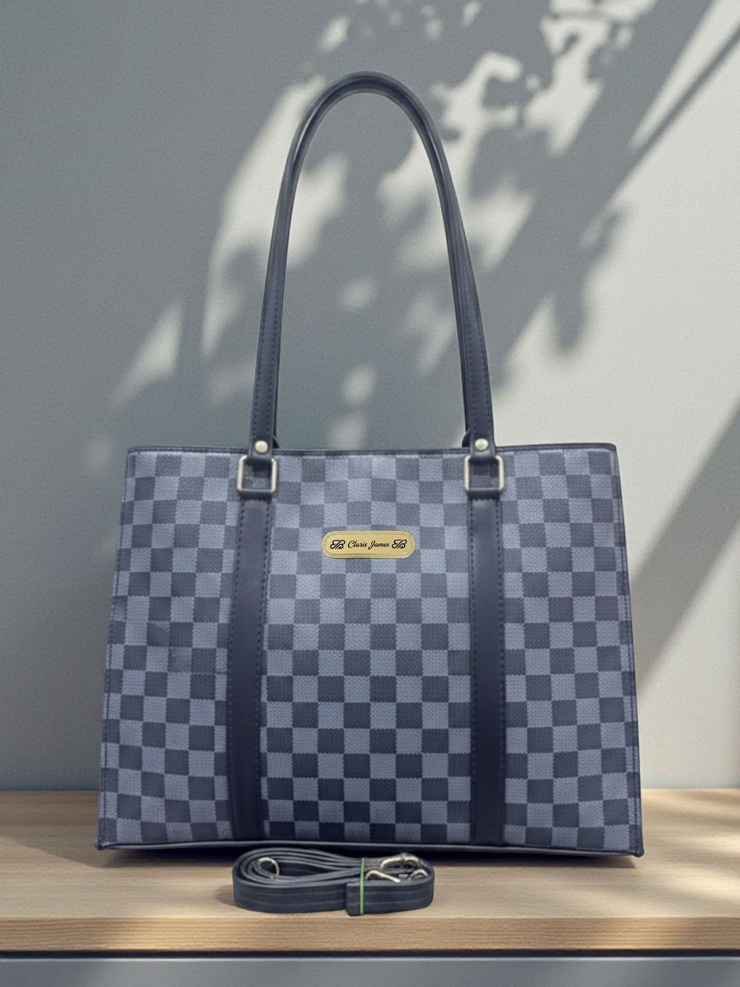 CLARIS JAMES Checked PU Structured Tote Bag with-picture-22