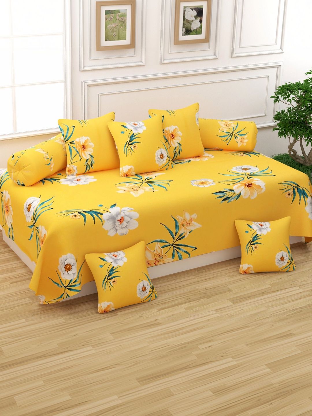 Aura Set Of 8 Yellow & Green Printed Cotton Diwan Set-picture-54