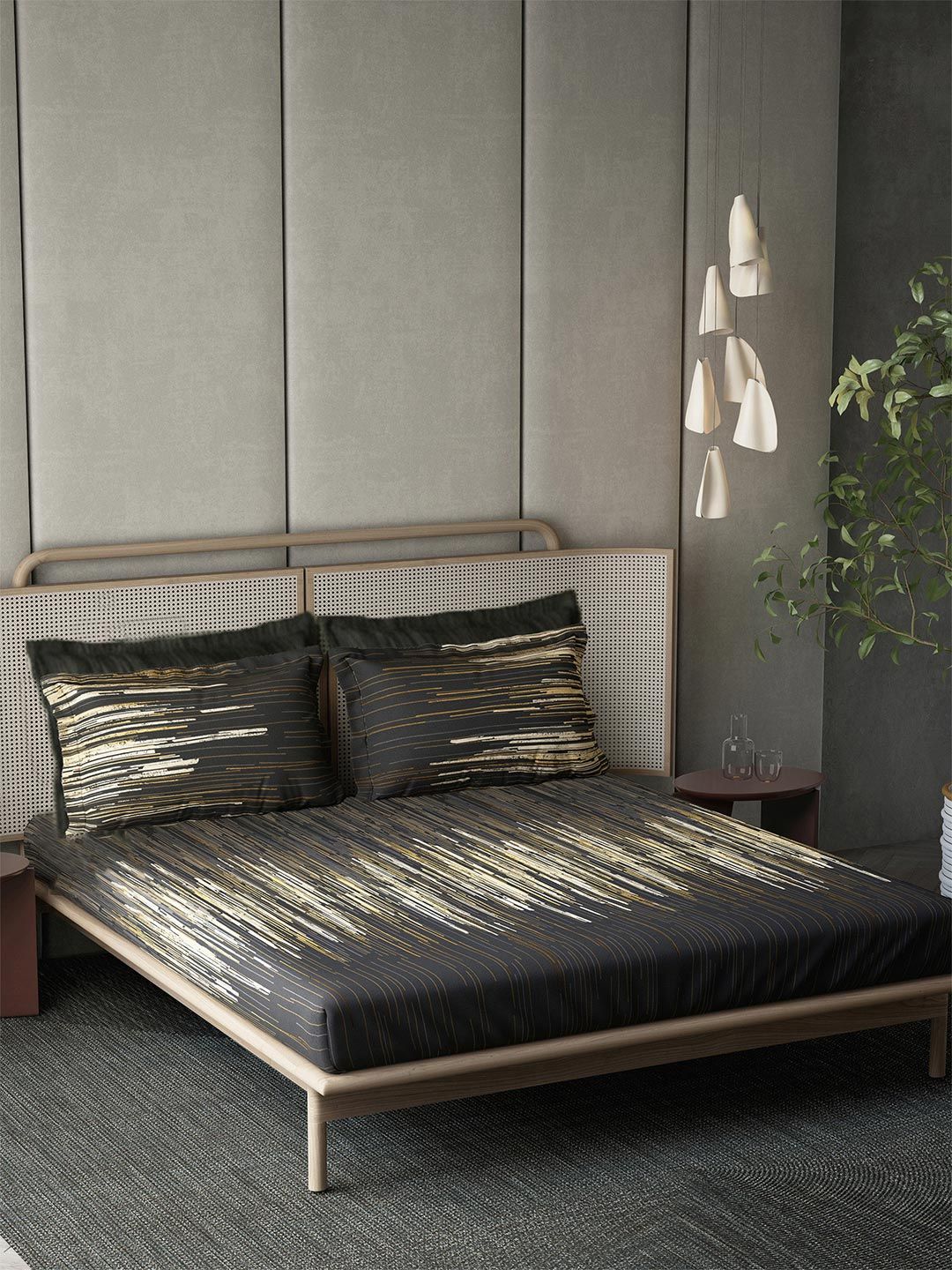 BOMBAY BEDDING COMPANY Black Abstract Cotton 210TC Super King Bedsheet with 4 Pillow Cover-image-0