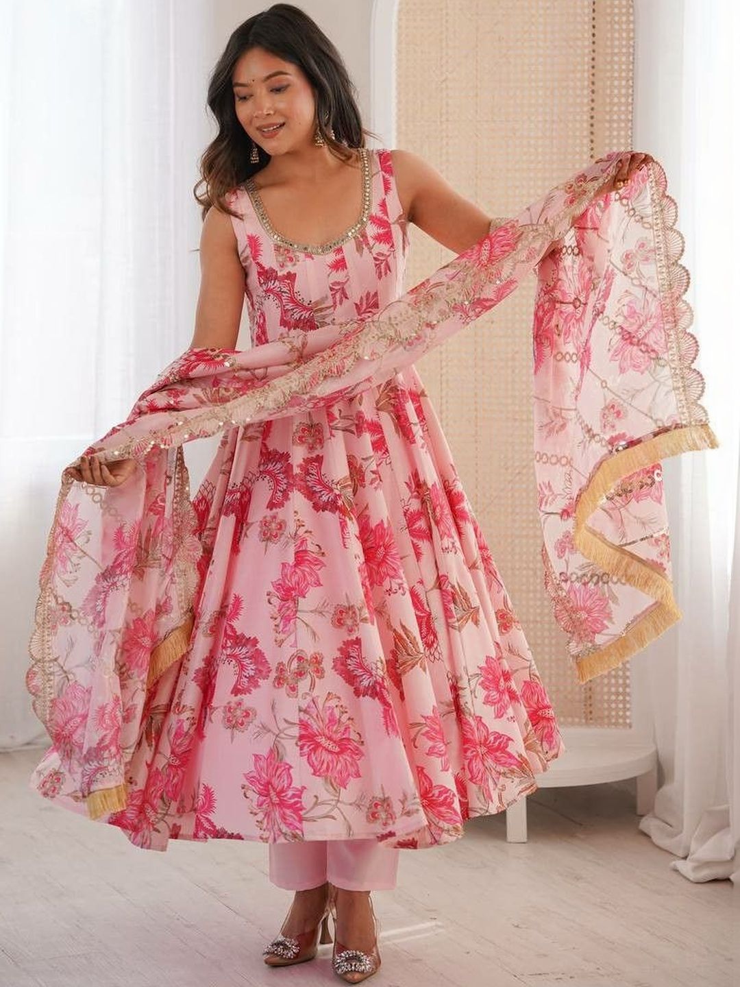HERE&NOW Women Floral Printed Tiered Sequinned Pure Cotton Kurta with Trousers & With Dupatta-picture-29