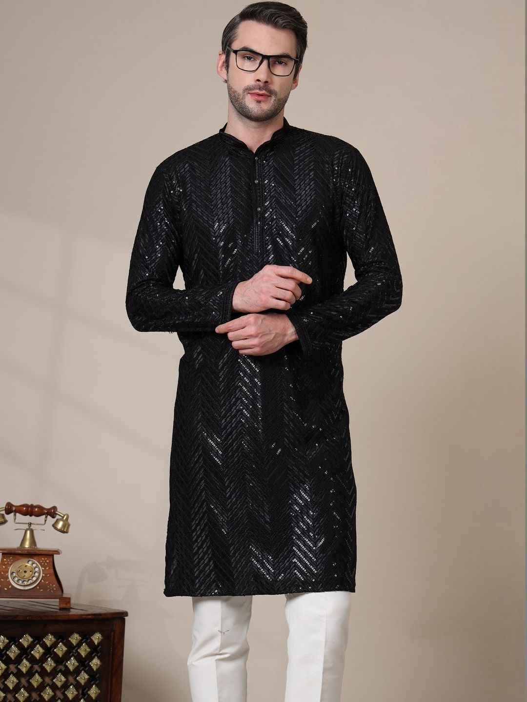 HERE&NOW Men Printed Regular Sequinned Kurta with Pyjamas-picture-33