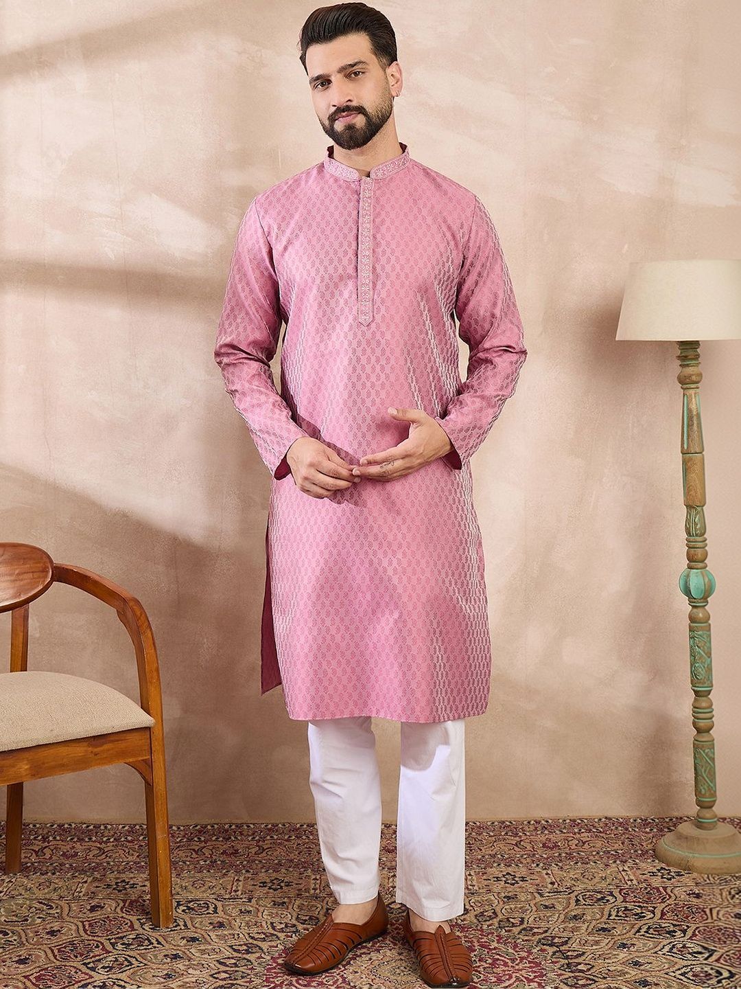House of Pataudi Woven Design Mandarin Collar Knee Length Straight Kurta-image-3