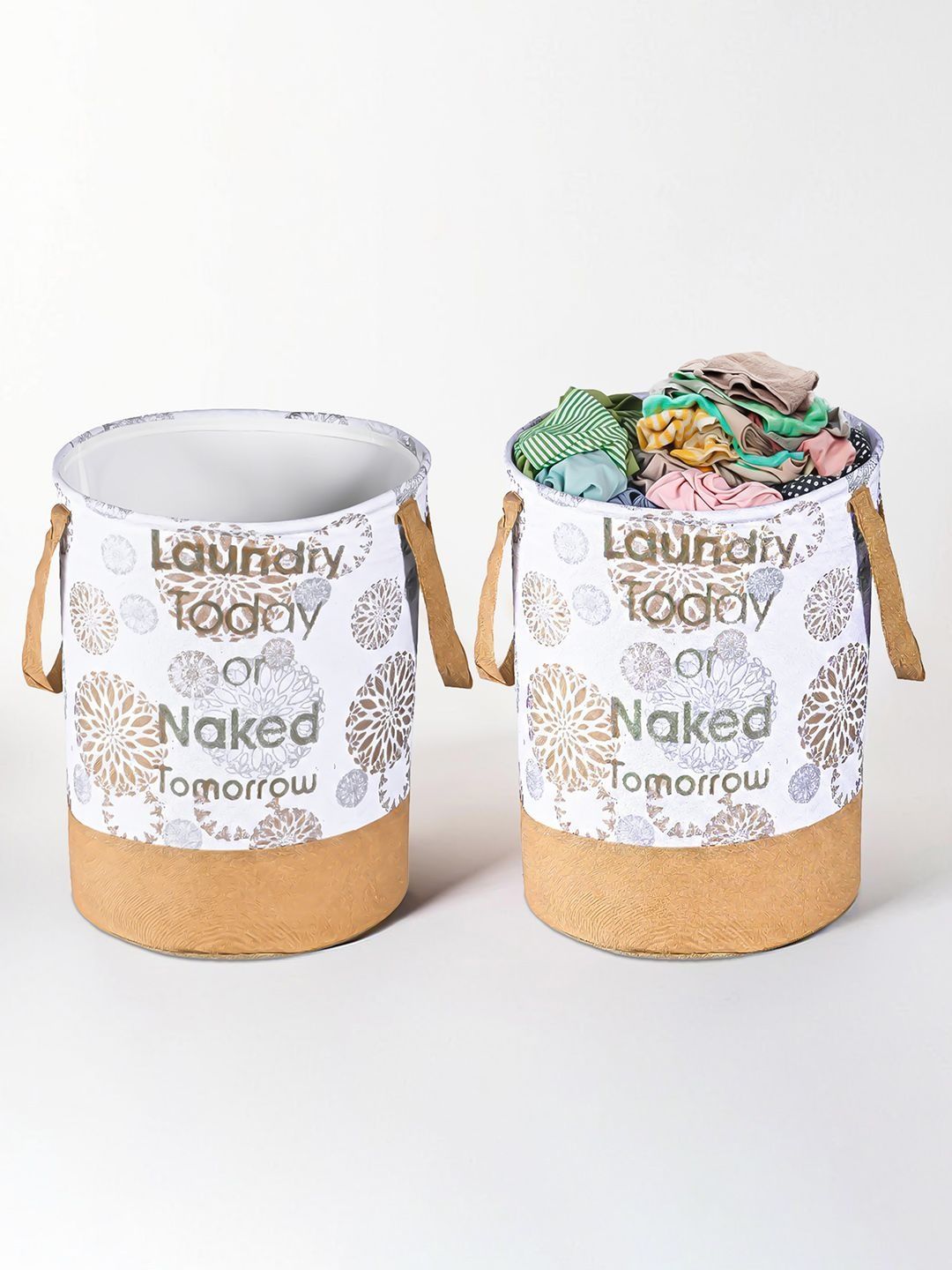 Kuber Industries White & Tan Printed Foldable 2-Pcs Laundry Bags With Handle - 45L