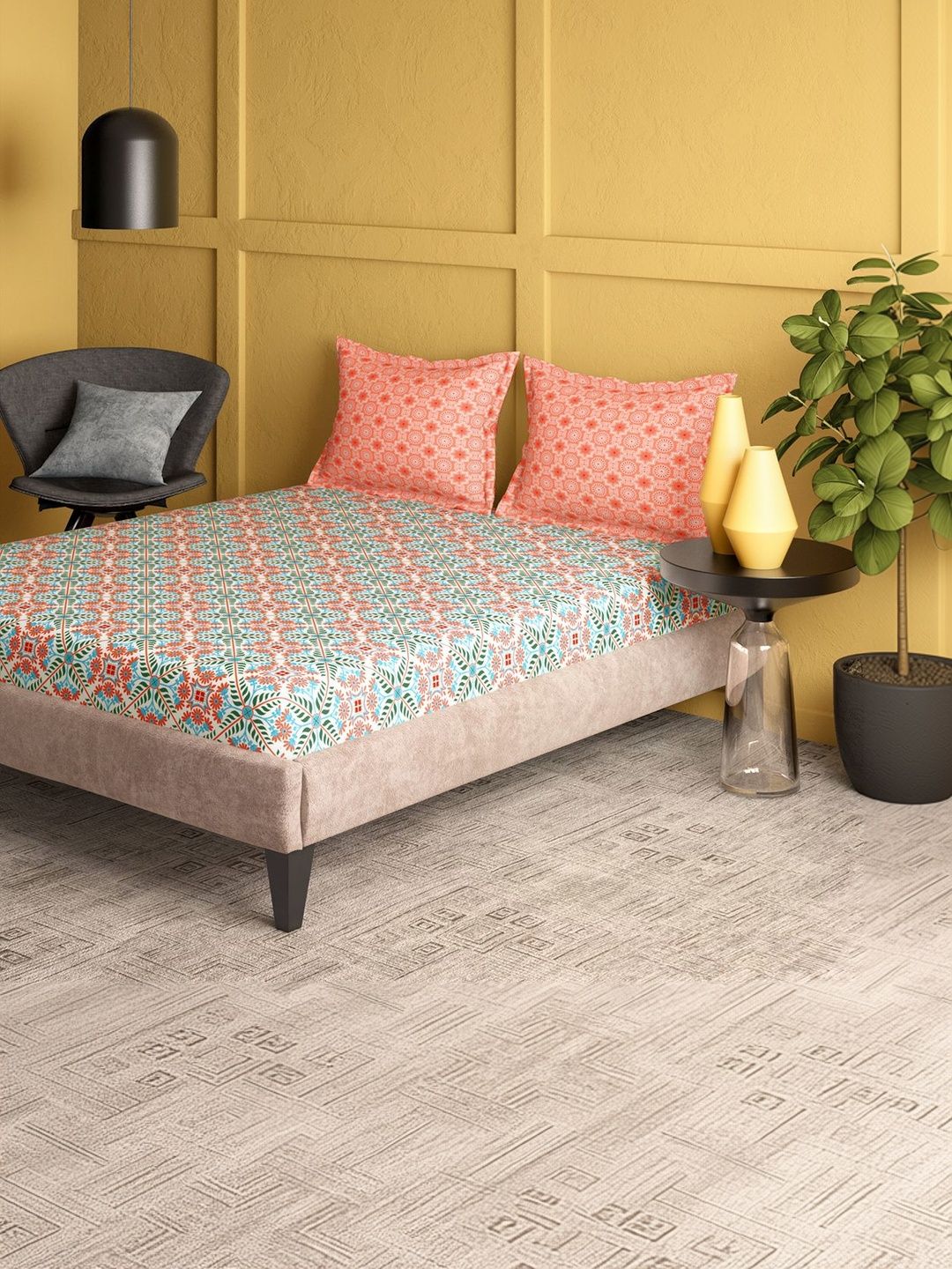 Portico Marvella 144 TC Pure Cotton Green & Rust Super King Bedsheet with 2 Pillow Covers-image-35