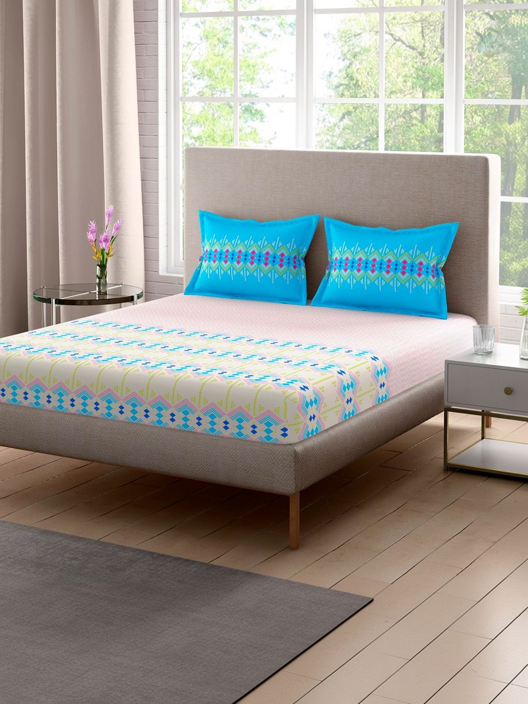 Portico Lavender 144 TC Pure Cotton Peach & Blue Super King Bedsheet with 2 Pillow Covers-image-5