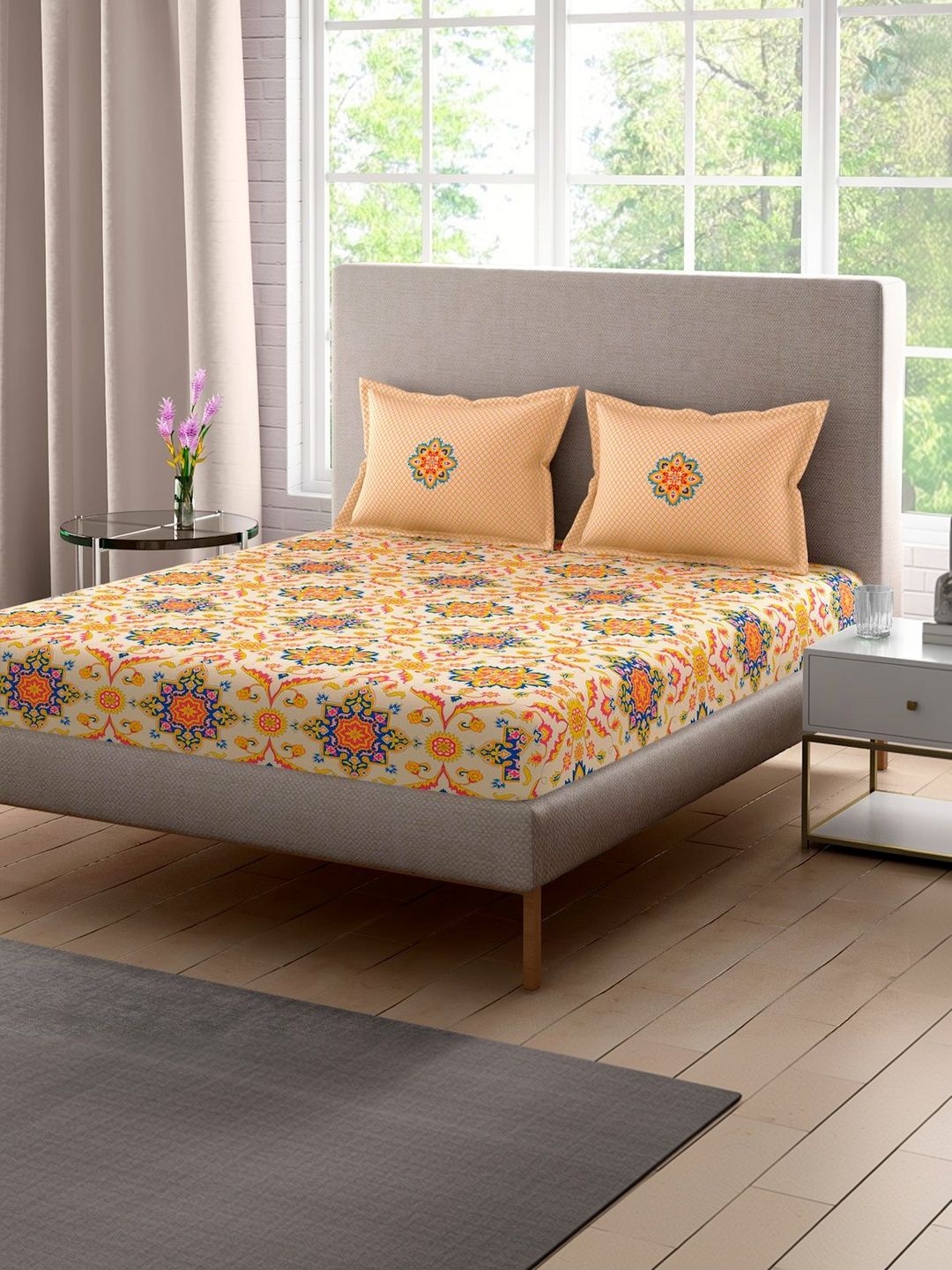 Portico Lavender 44 TC Pure Cotton Mustard & Blue Super King Bedsheet & 2 Pillow Covers-image-21