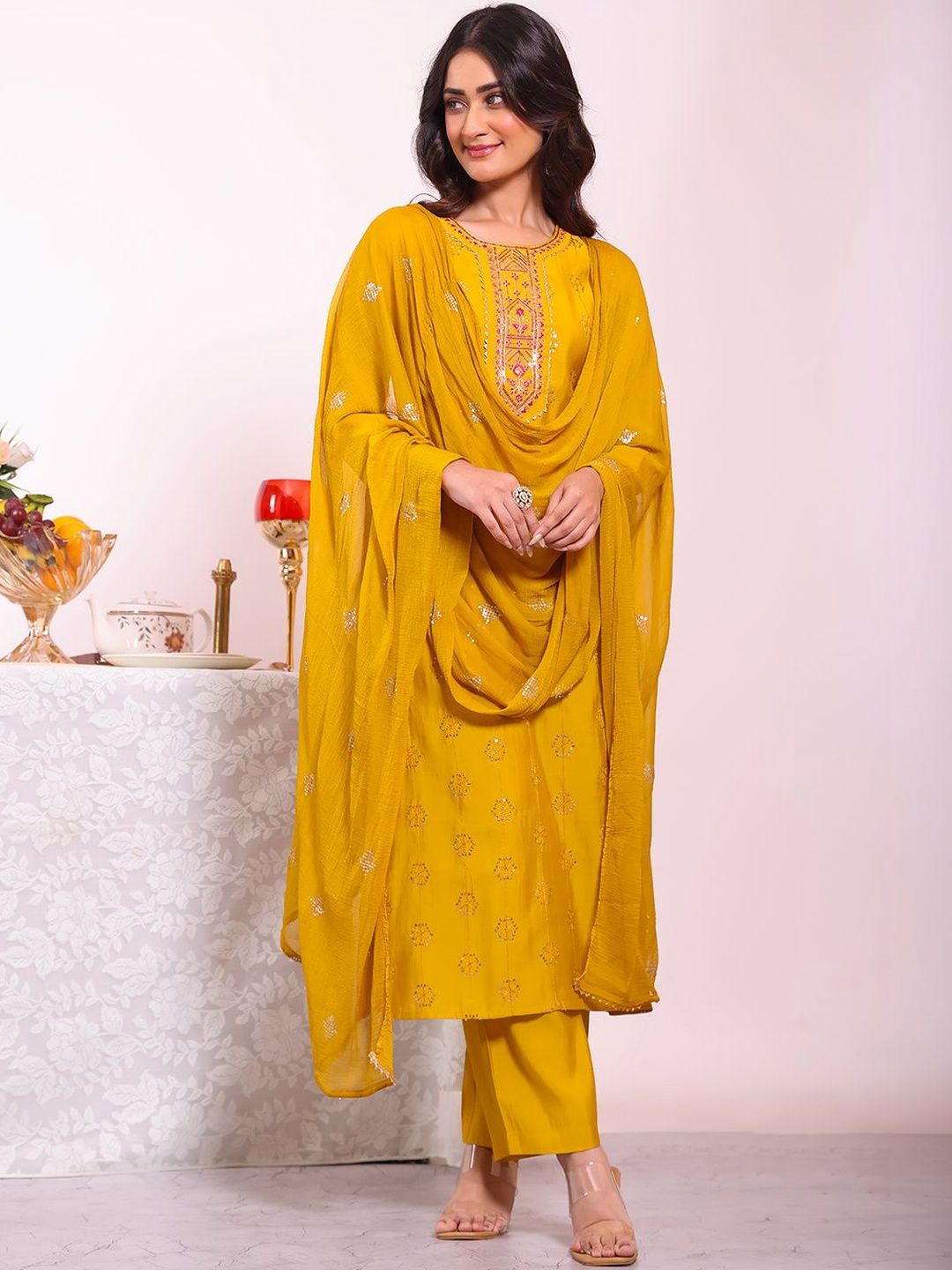 Kalista Women Ethnic Motifs Embroidered Regular Sequinned Kurta with Trousers & With Dupatta-picture-35