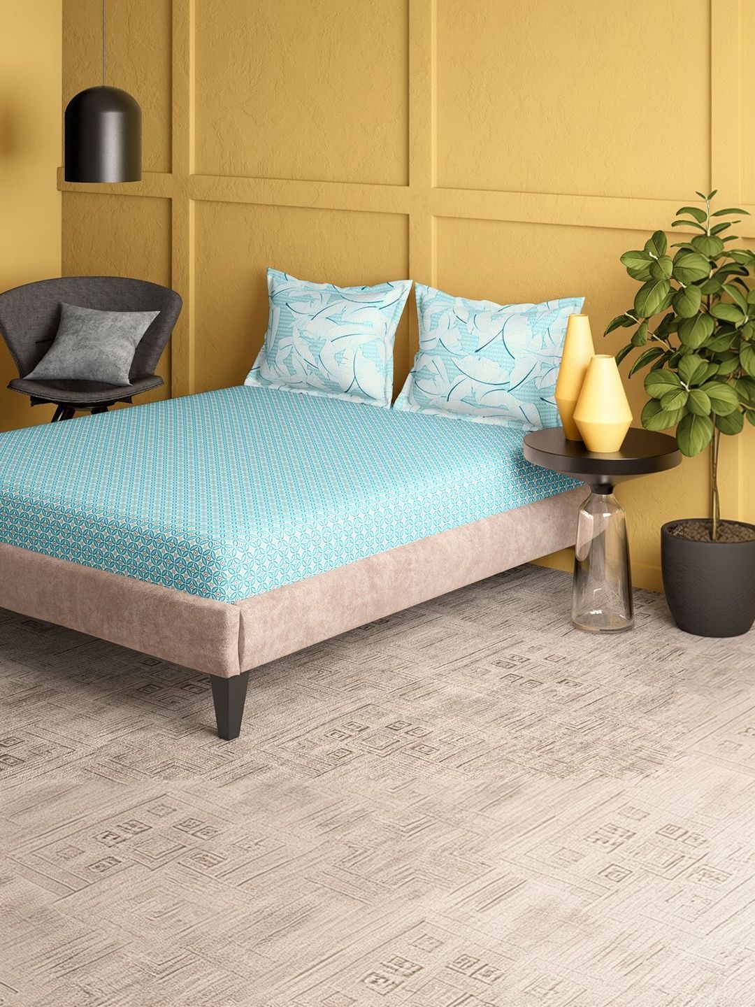 Portico Marvella 44 TC Pure Cotton Blue & White Super King Bedsheet & 2 Pillow Covers-image-24