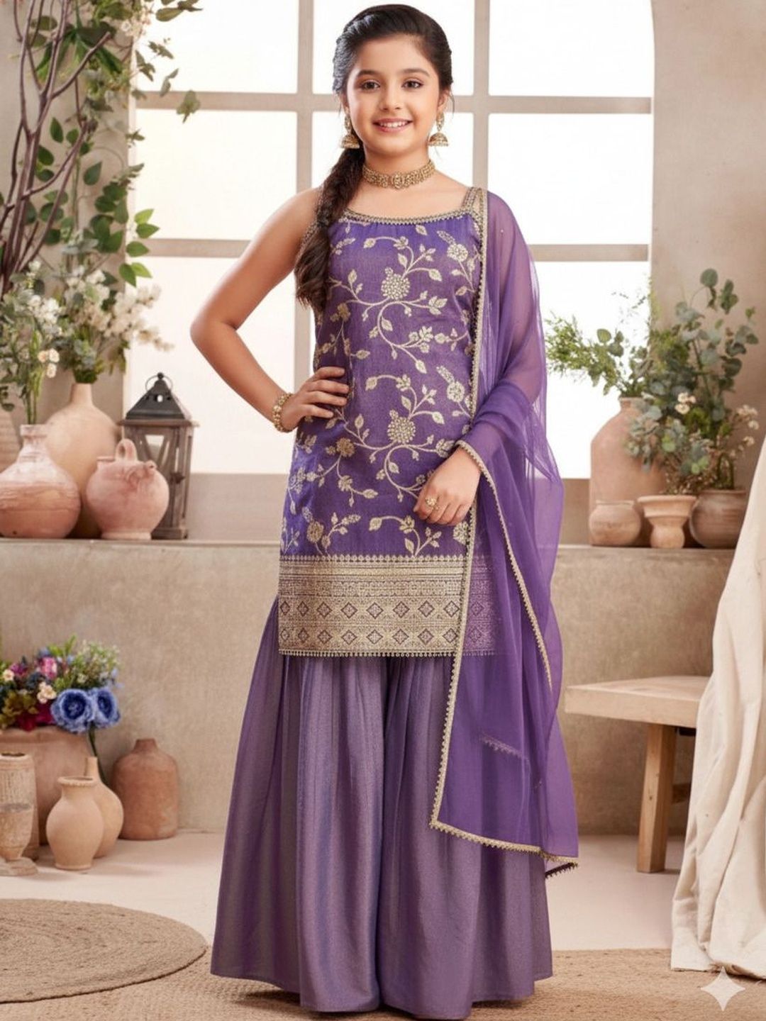 Wommaniya Impex Girls Floral Embroidered Regular Thread Work Kurta with Sharara & With Dupatta-picture-34