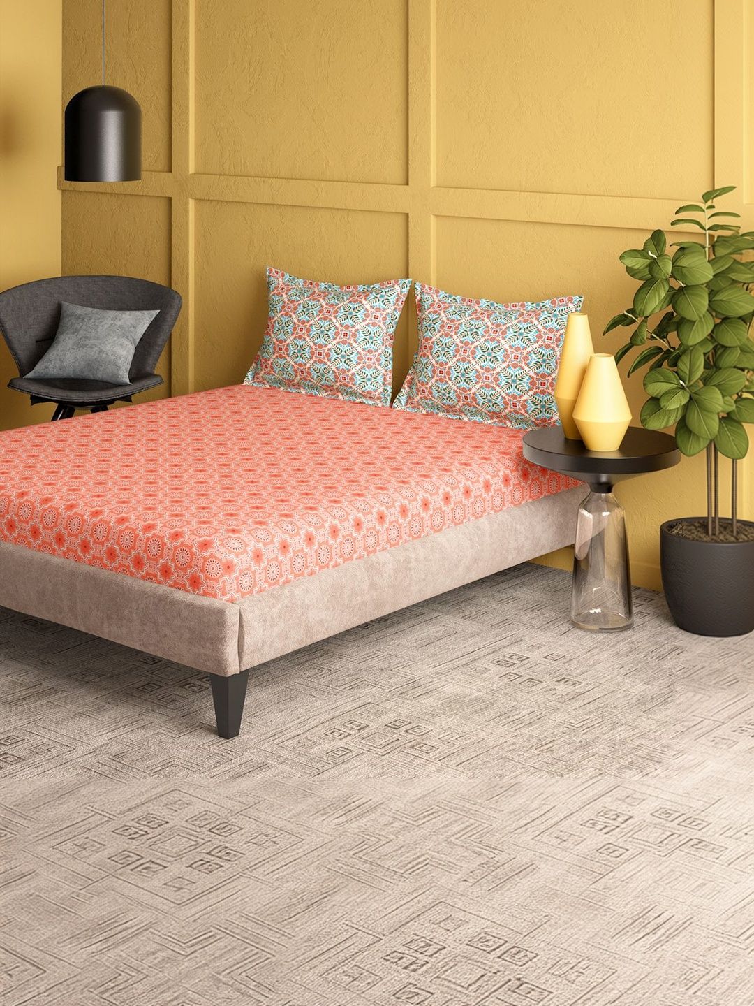 Portico Marvella 144 TC Pure Cotton Rust & Grey Super King Bedsheet with 2 Pillow Covers-image-13
