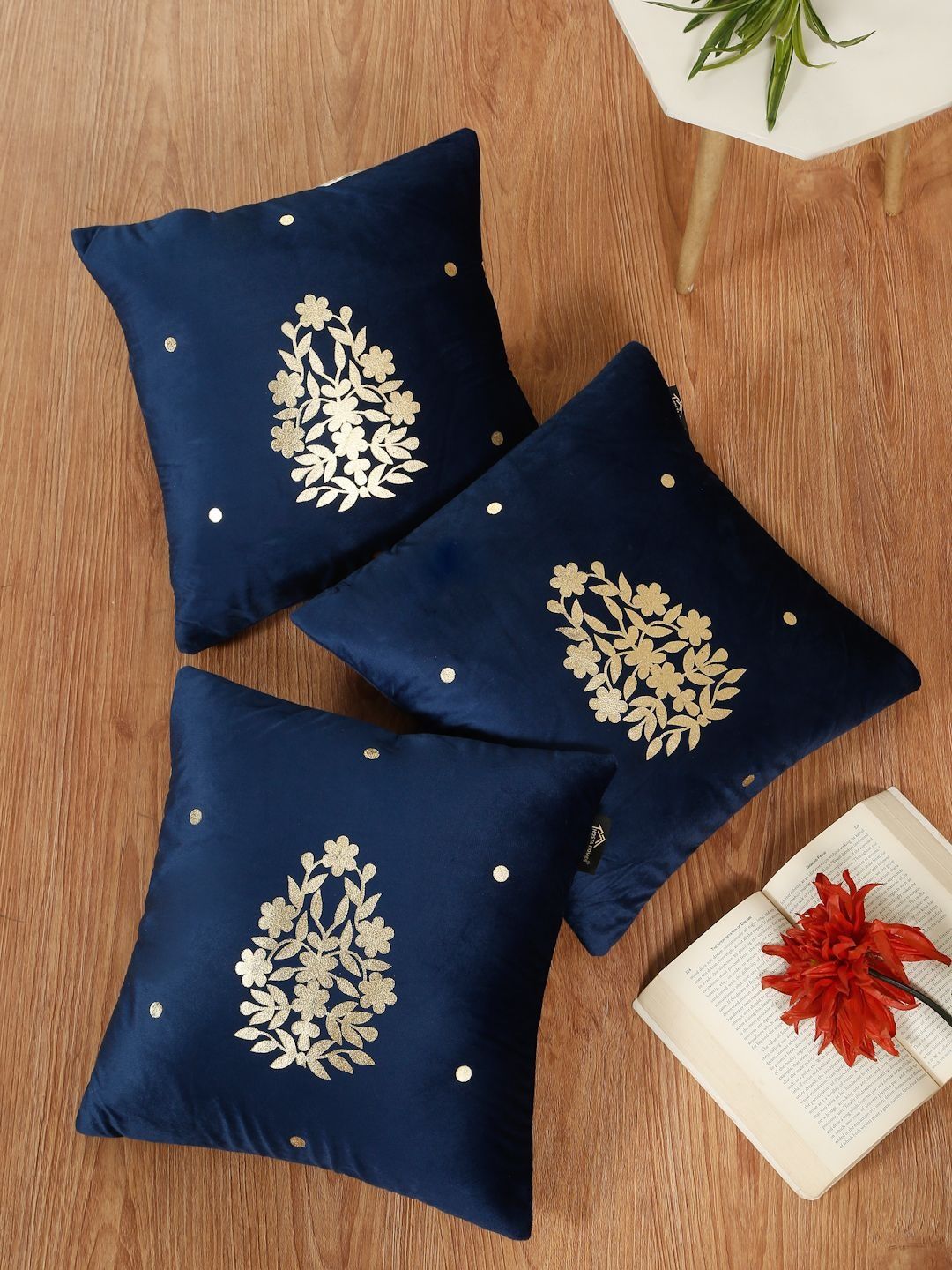 HOSTA HOMES Blue & Gold-Toned Set of 3 Floral Velvet Square Cushion Covers-picture-12