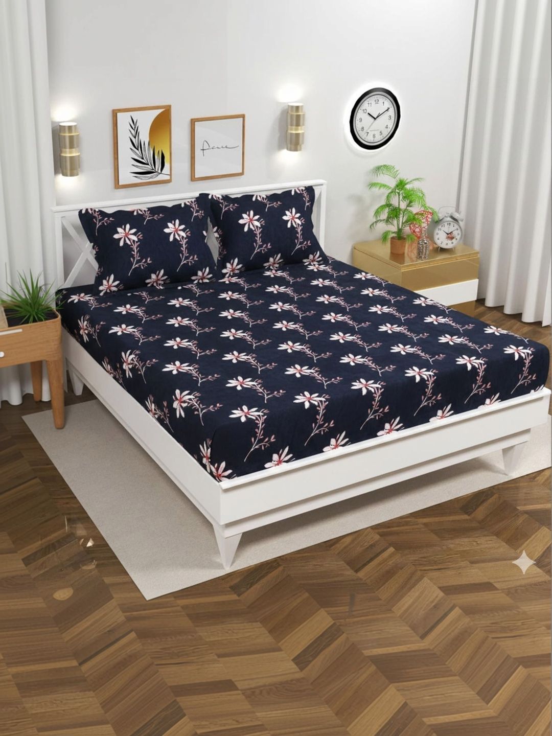 BLUEDOT Navy Blue Floral 300 TC King Bedsheet with 2 Pillow Covers-picture-54