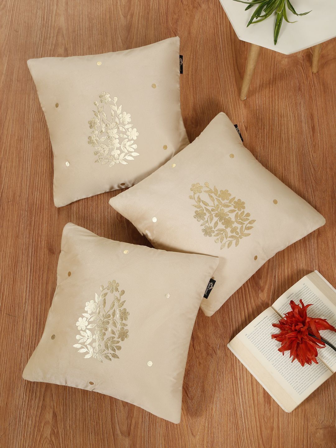 HOSTA HOMES Cream-Coloured & Gold-Toned Set of 3 Floral Velvet Square Cushion Covers-picture-14