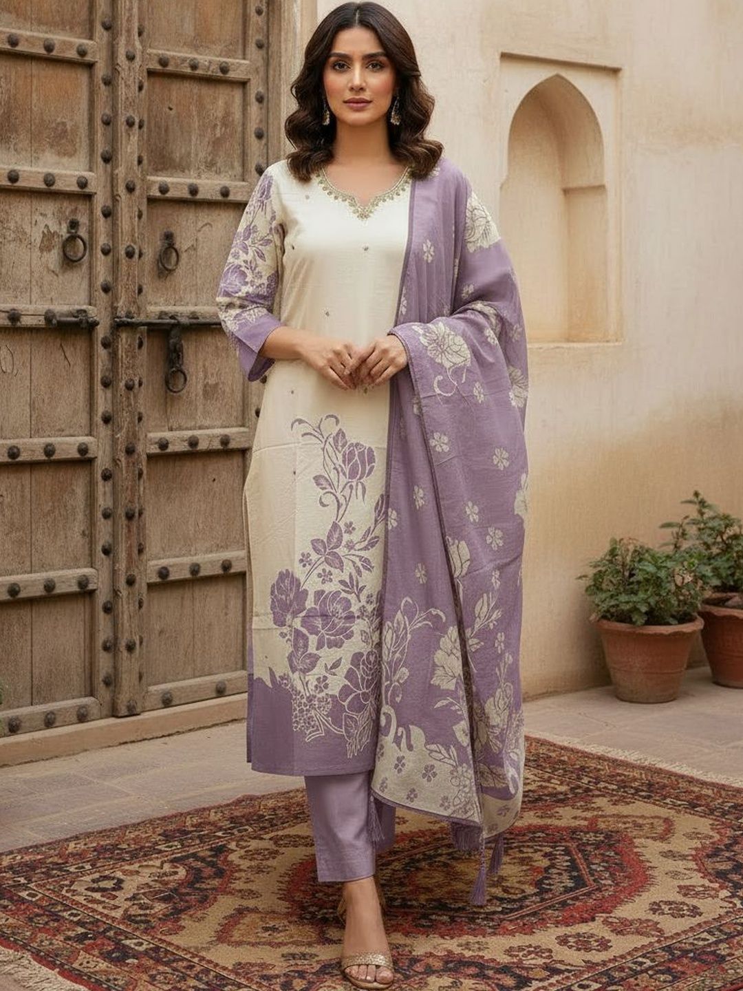 Anouk Women Floral Embroidered Regular Thread Work Pure Cotton Kurta with Trousers & With Dupatta