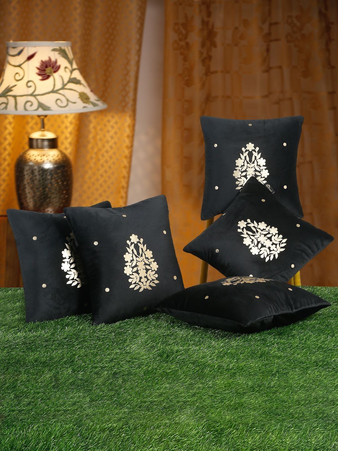 HOSTA HOMES Black & Gold-Toned Set of 5 Floral Velvet Square Cushion Covers-picture-0