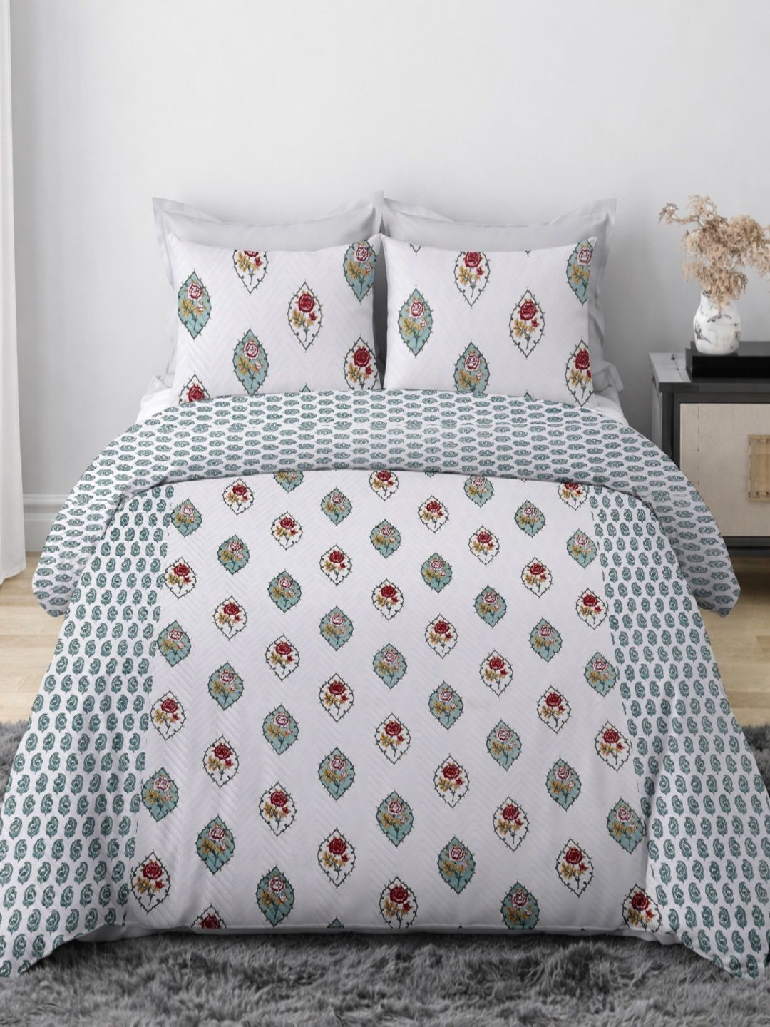 RRC 3Pcs Green & White Floral Printed Cotton Double Queen Bed Covers-image-7