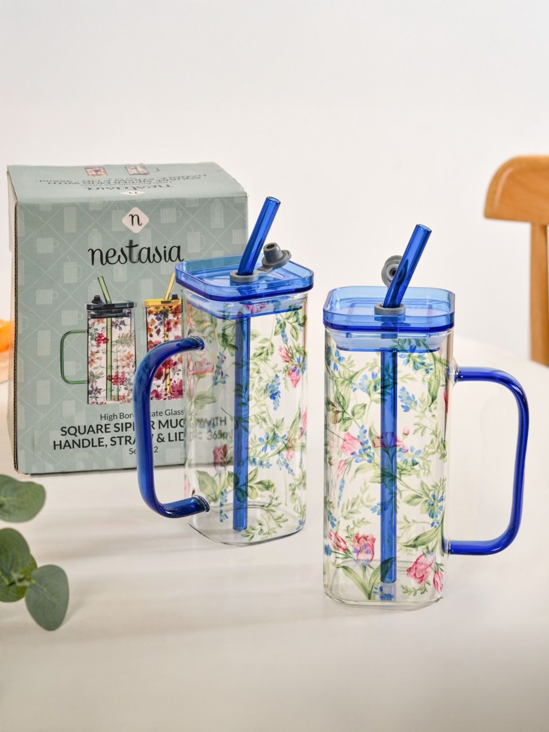 Nestasia Transparent & Blue Floral Printed Glass Transparent Mugs Set of Cups and Mugs-picture-11