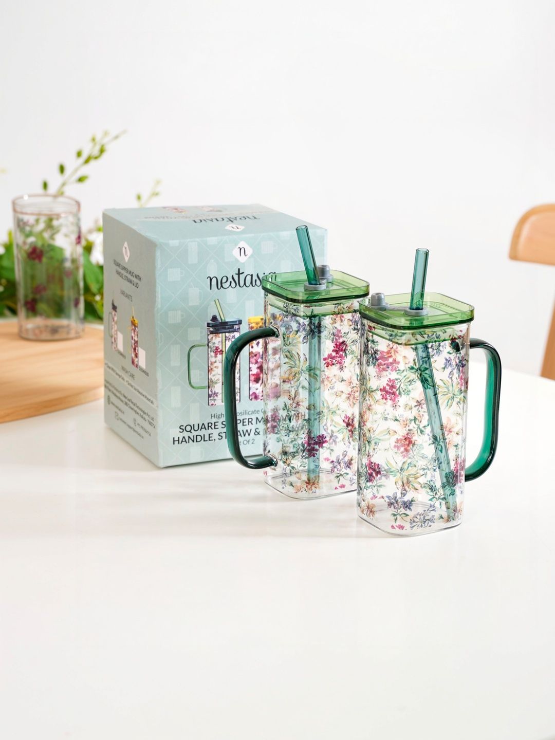 Nestasia Transparent & Green Floral Printed Glass Transparent Mugs Set of Cups and Mugs-picture-37