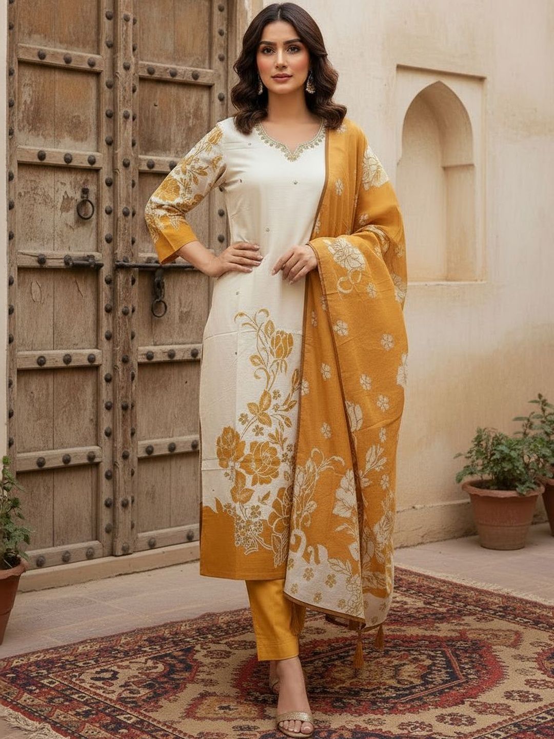 Anouk Women Floral Embroidered Thread Work Pure Cotton Kurta with Trousers & With Dupatta-picture-11
