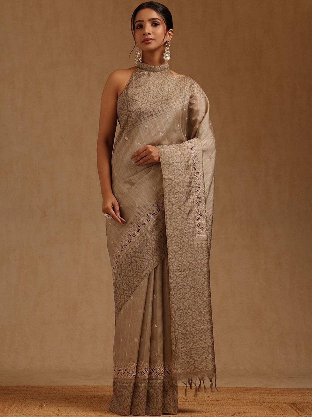 Soch Ethnic Motifs Embroidered Silk Blend Heavy Work Tussar Saree-picture-57