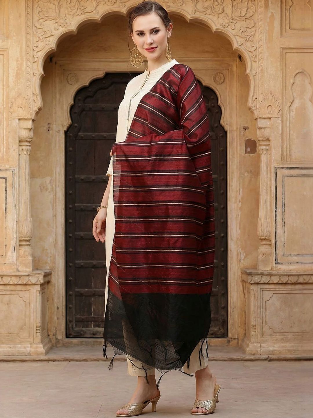Indo Era Striped Art Silk Dupatta-image-29
