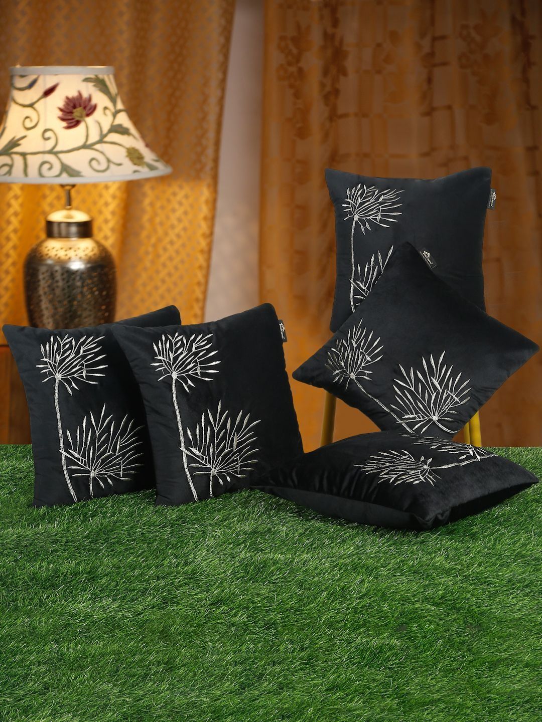 HOSTA HOMES Black & Gold-Toned Set of 5 Embroidered Velvet Square Cushion Covers-picture-44