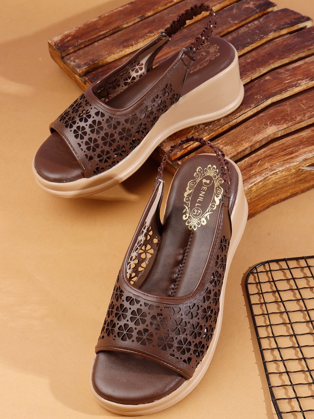 Denill Textured Wedge Sandals with Laser Cuts-picture-41
