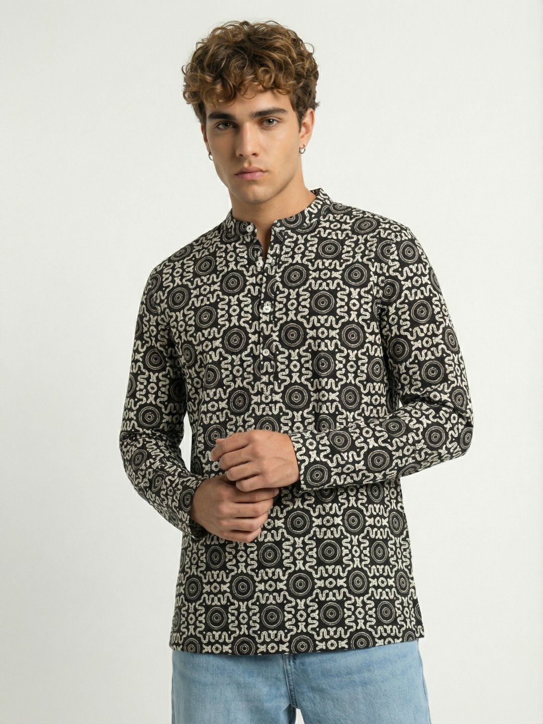 Anouk Rustic Geometric Printed Band Collar Straight Kurta-picture-28