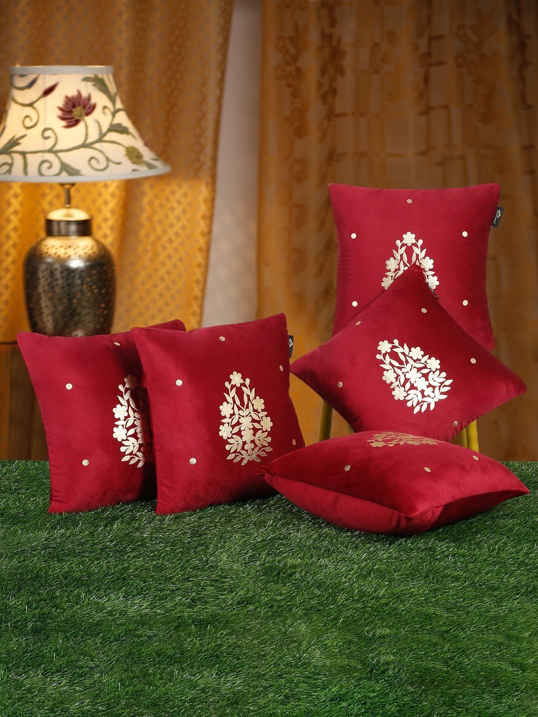 HOSTA HOMES Maroon & Gold-Toned Set of 5 Floral Velvet Square Cushion Covers-picture-34